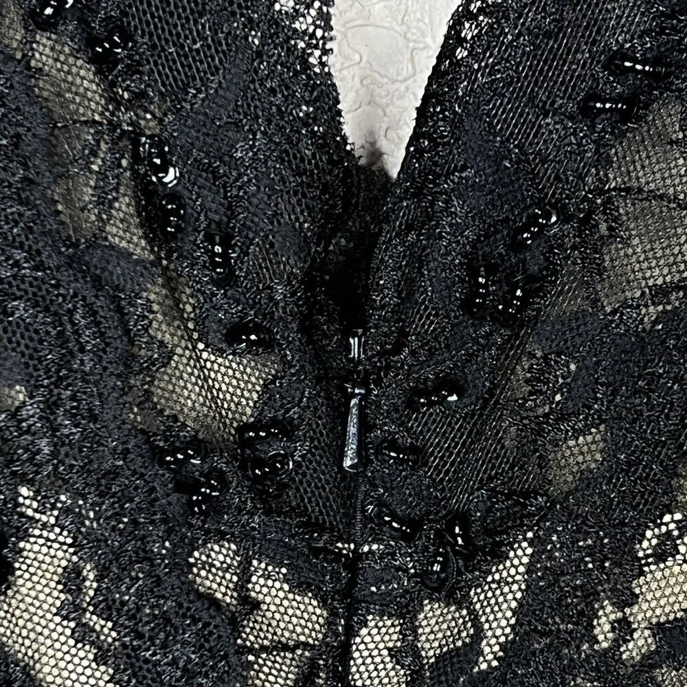 Vintage Beaded Lace Bodycon Cocktail Wiggle Little Black Dress V-Neck Size 10